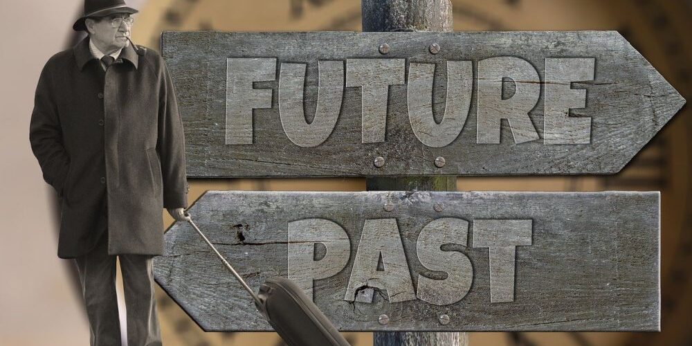 skilt med fremtid og fortid for at symbolisere fremtidsfuldmagt