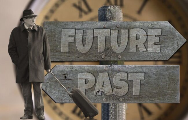 skilt med fremtid og fortid for at symbolisere fremtidsfuldmagt